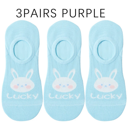 Kawaii Rabbit No Show Socks For Women 3 Pairs Cotton