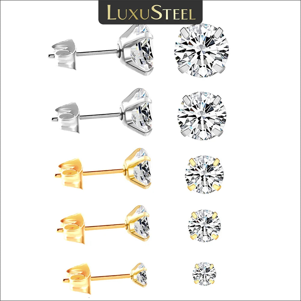 LUXUSTEEL Men's Crystal Zircon Stud Earrings 316L Stainless Steel Anti Allergic Cartilage Piercing 3-8mm