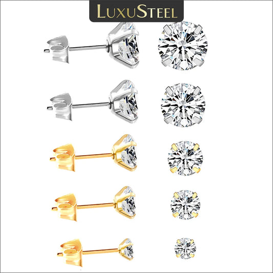 LUXUSTEEL Men's Crystal Zircon Stud Earrings 316L Stainless Steel Anti Allergic Cartilage Piercing 3-8mm