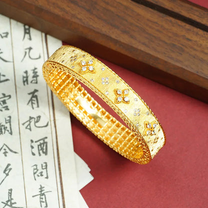 Exquisite 24K Pure Gold Women's Lucky Grass Palace Style Bracelet