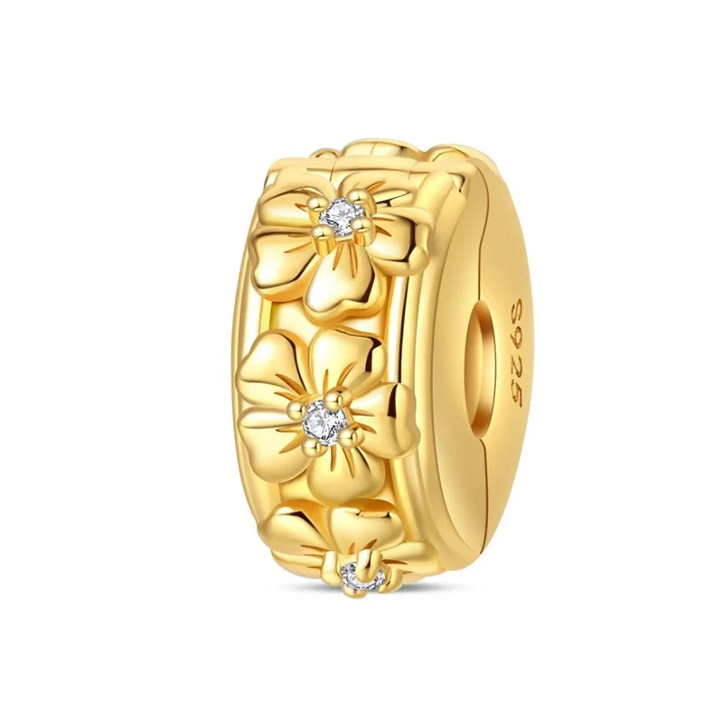 925 Sterling Silver Golden Round Charms with Horse Lion Castle Beads for DIY Womens Jewelry Gift