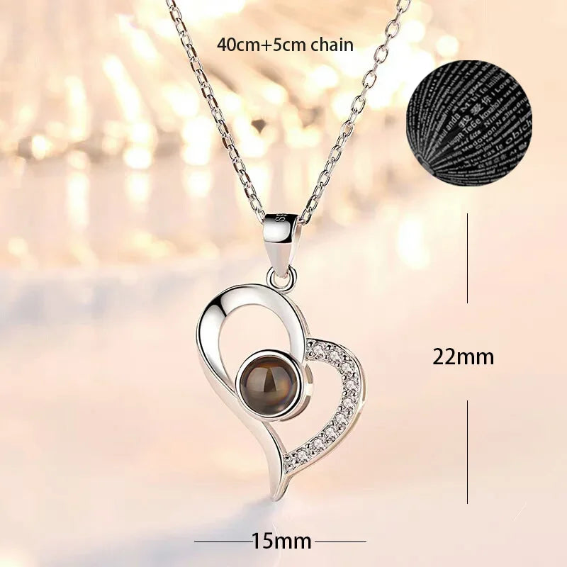 100 Languages I Love You Heart Pendant Necklace Romantic Projection Jewelry Gift for Women Heart Classic 40cm plus 5cm