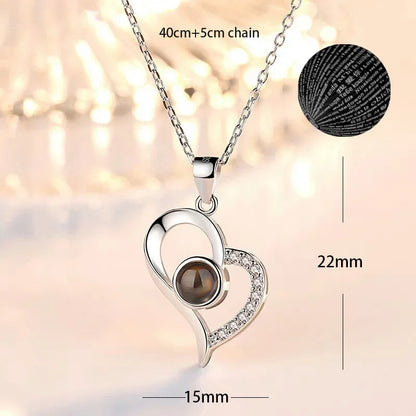 100 Languages I Love You Heart Pendant Necklace Romantic Projection Jewelry Gift for Women Heart Classic 40cm plus 5cm