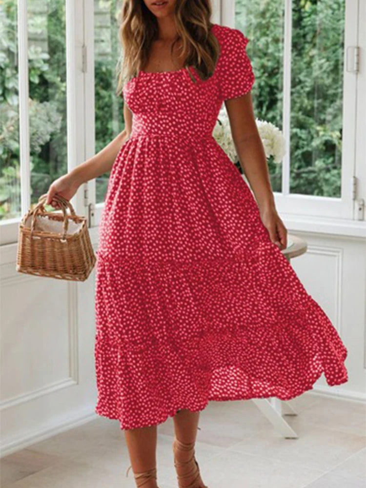 Vintage Floral Maxi Dress Square Collar Puff Sleeve Women