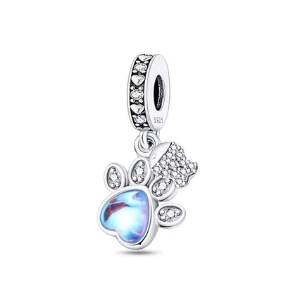 Sterling Silver Paw Print and Bone Charm Bead for Pet Bracelet Jewelry B4280