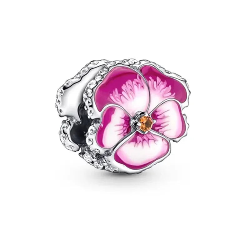 Romantic 925 Sterling Silver Pink Lipstick Heart Bow Rose Flower Zircon Charm Bead for DIY Bracelet Jewelry Gift