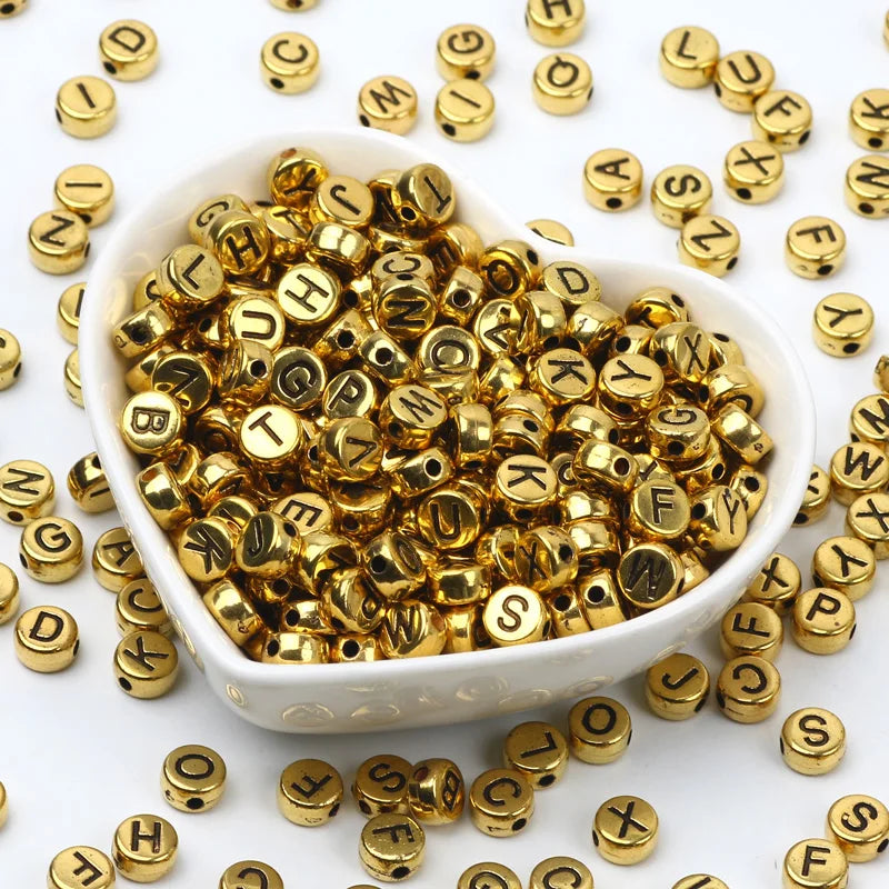 Gold Color Acrylic Spacer Beads with Black Letter Charms for Jewelry Making and DIY Crafts