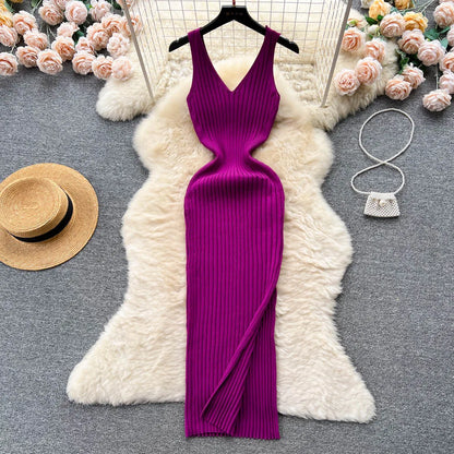 YuooMuoo Chic Fashion Sexy Wrap Hips Split Knitted Dress PURPLE One Size