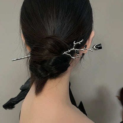 Vintage Rose Flower Crystal Hairpin Stick for Women Fashion Alloy Headwear