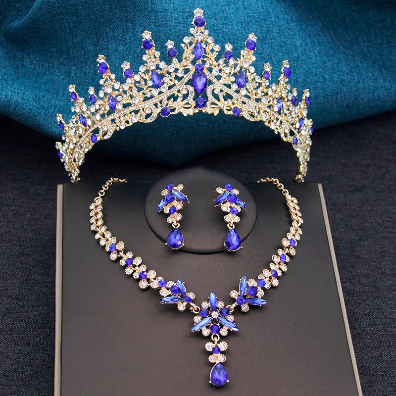 Elegant Silver Opal Blue Wedding Crown Jewelry Set for Women - Princess Tiaras, Earrings, and Necklace for Prom Gifts