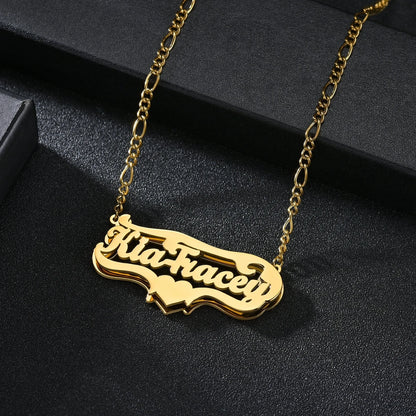 Customized Double Layer Heart Name Necklace for Men and Women with Adjustable Thick Figaro Chain