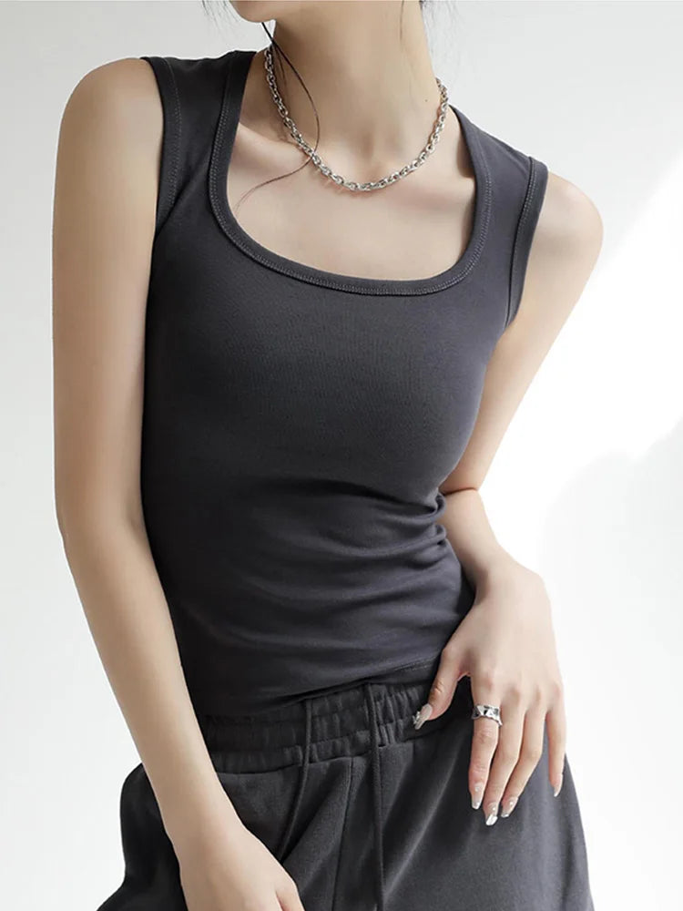 Women Ribbed U Neck Tank Top Cotton Blend Basic Summer