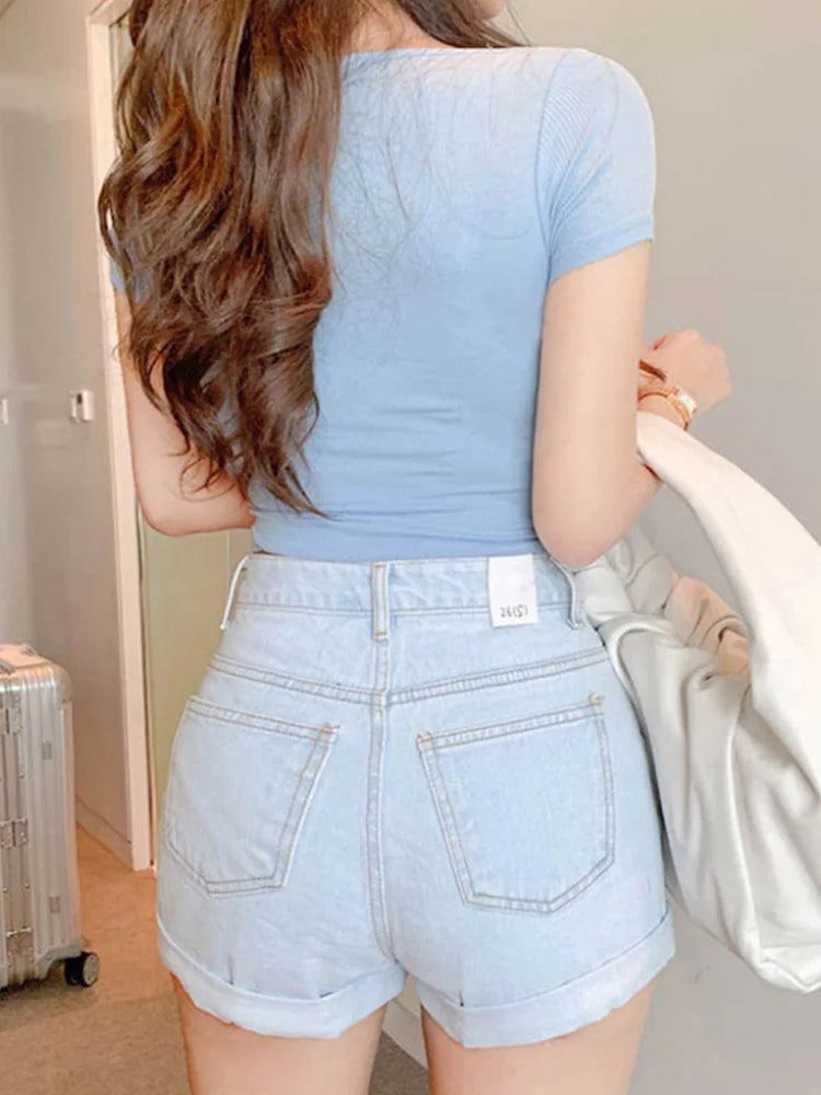 Square Collar Slim Crop Cotton Tee For Women Summer