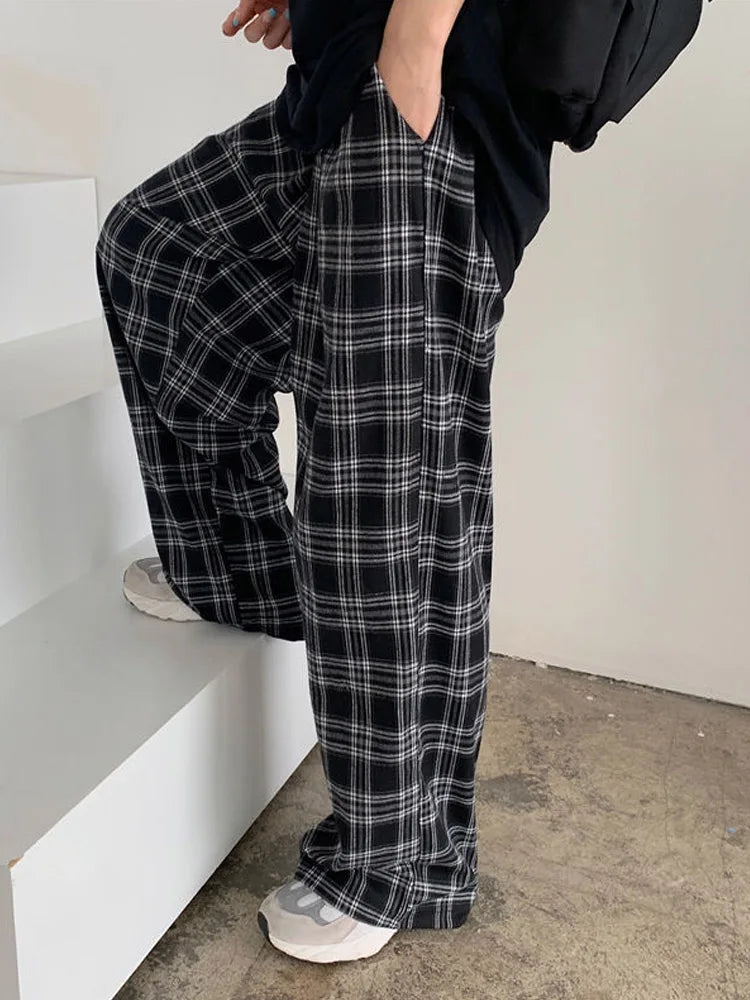 Black Plaid Wide Leg Pants Women Casual Harajuku Streetwear