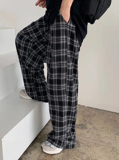 Black Plaid Wide Leg Pants Women Casual Harajuku Streetwear