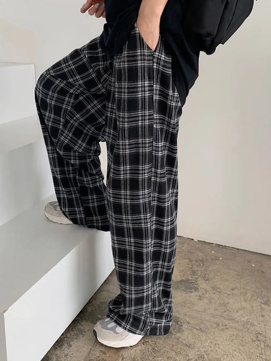 Black Plaid Wide Leg Pants Women Casual Harajuku Streetwear
