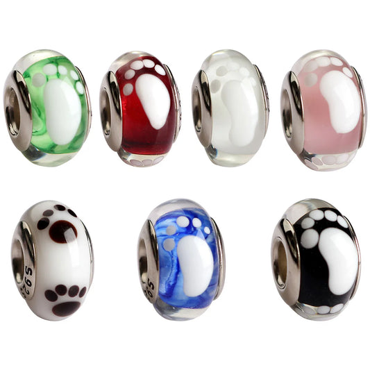 925 Sterling Silver Murano Glass Footprint Charm Colorful Zircon Bead for Women DIY Necklace and Bracelet Jewelry
