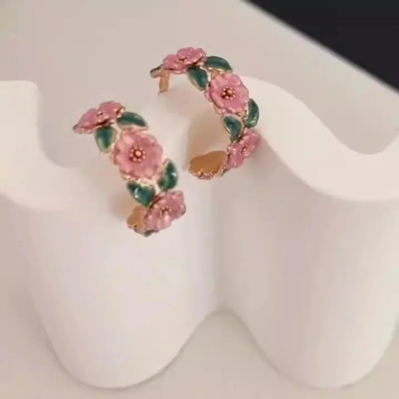 Rose Branch C-Shaped Drop Earrings for Women Romantic French Glaze Jewelry