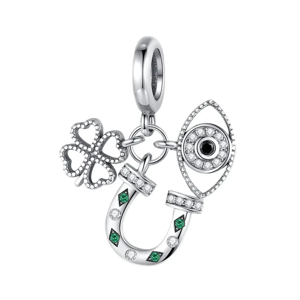 925 Sterling Silver Lucky Four Leaf Clover And Horseshoe Charms With Green Zircon For Bracelet Necklace Earrings