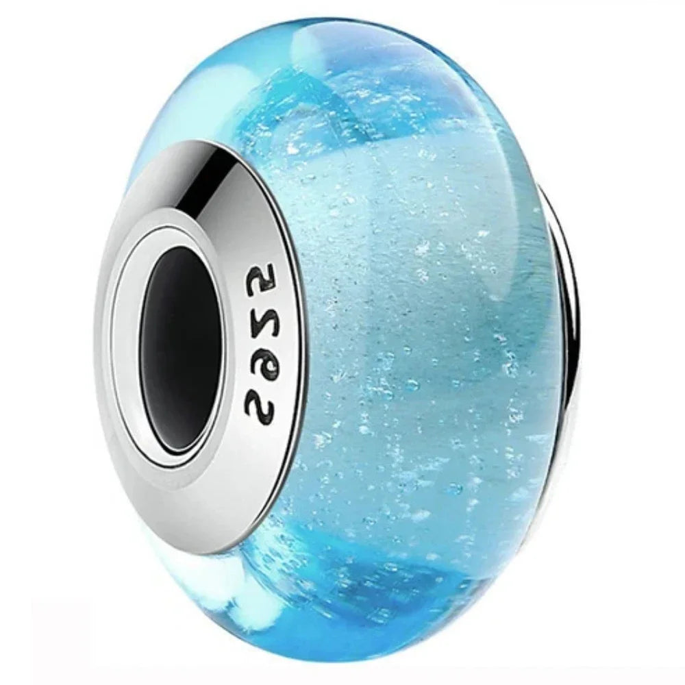 925 Sterling Silver Cosmic Rainbow Murano Glass Beads with Flower and Leaf Charms for DIY Women Jewelry