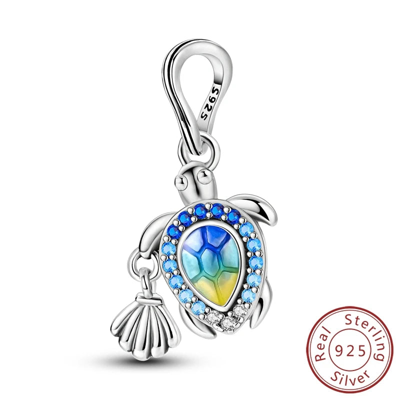 925 Sterling Silver Ocean Turtle Beach Charms Blue Shell