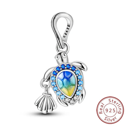 925 Sterling Silver Ocean Turtle Beach Charms Blue Shell