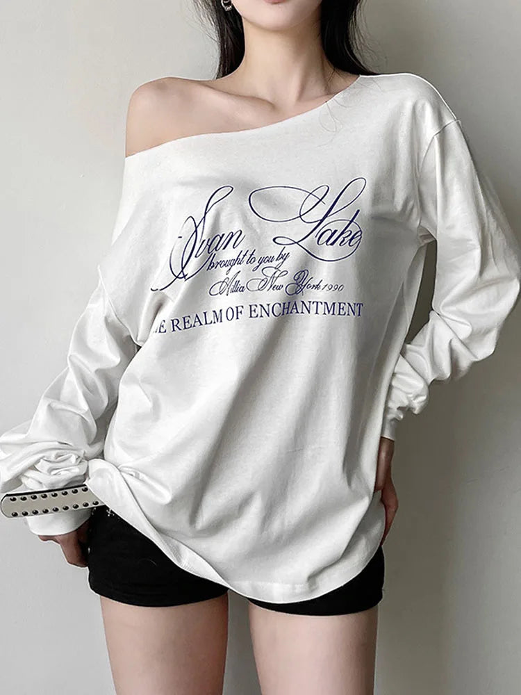Y2K Aesthetic Off Shoulder Tee Harajuku Grunge Streetwear