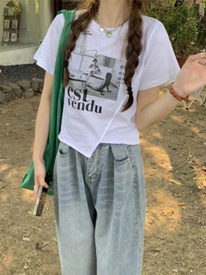 Korean Style Graphic T Shirt Women Short Sleeve Top Summer