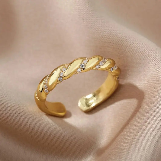Gold Zircon Stainless Steel Geometric Open Ring for Women
