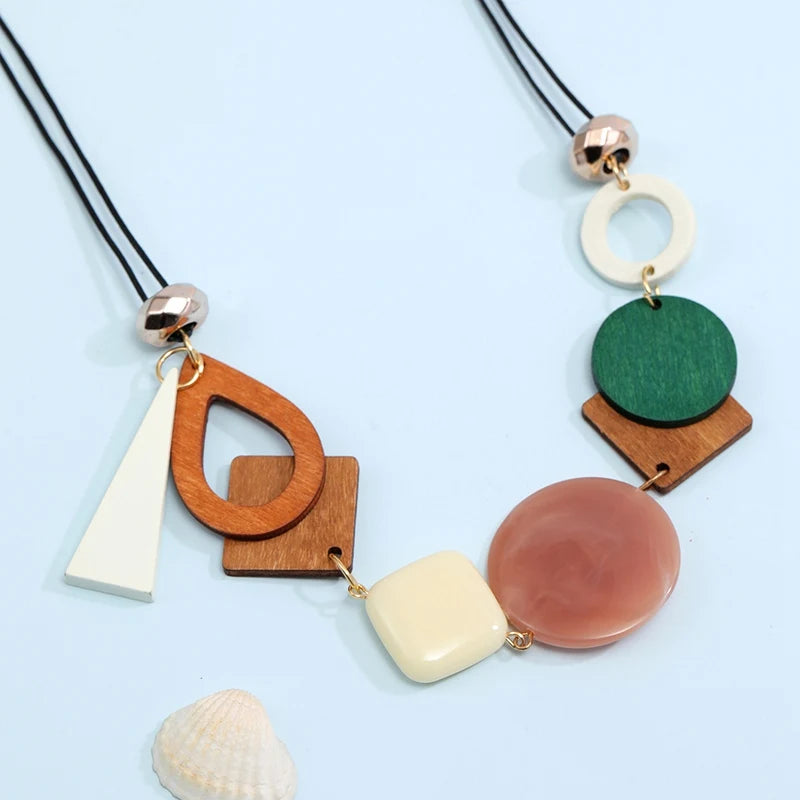 Vintage Wooden Geometric Pendant Necklace for Women Ethnic Handmade Statement Jewelry