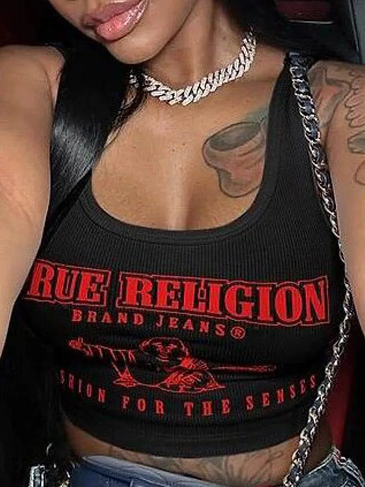 True Religion Crop Tank Top Women Graphic Tee Streetwear