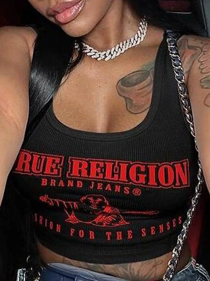 True Religion Crop Tank Top Women Graphic Tee Streetwear