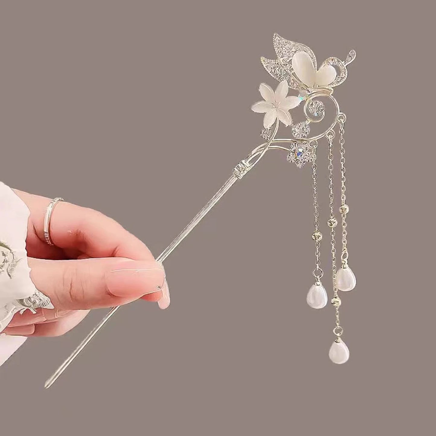 Elegant Ink Flower Tassel Hairpin Forks for Women - Modern Hanfu Hair Jewelry with Black Beads Fringe