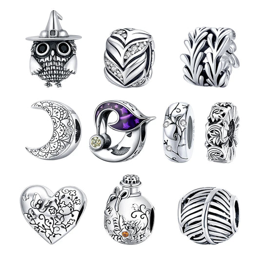 Bamoer Genuine 925 Sterling Silver Halloween Owl Charm with CZ for DIY Bracelet Jewelry