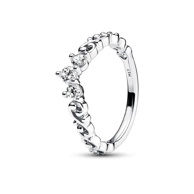 Original 925 Sterling Silver Heart Crown Bow Moon Ring with Colorful Crystal for Women Elegant Fine Jewelry Gift AMR057
