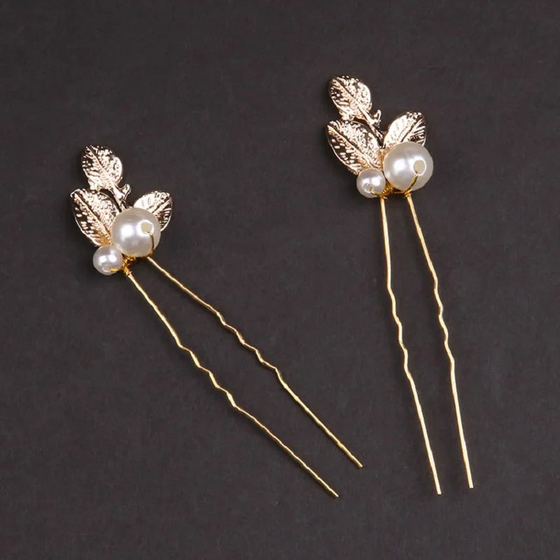 Golden Pearl Leaf Hairpins Set Bridal Wedding Accessories