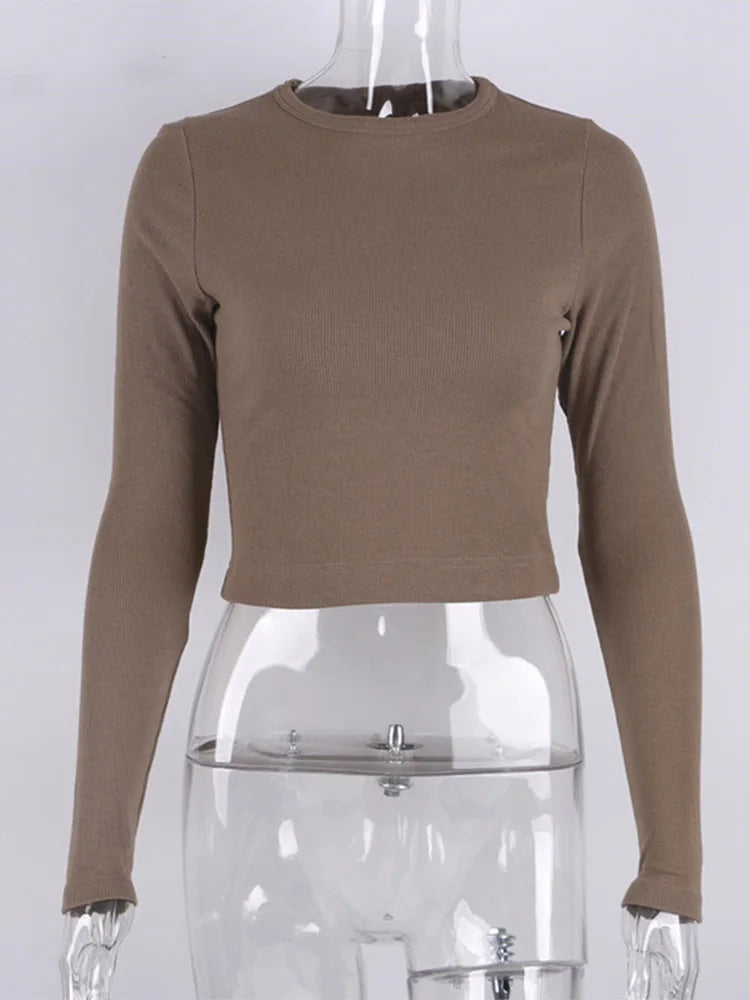 O Neck Long Sleeve Ribbed Cropped Top For Women Casual Slim