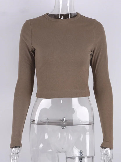 O Neck Long Sleeve Ribbed Cropped Top For Women Casual Slim