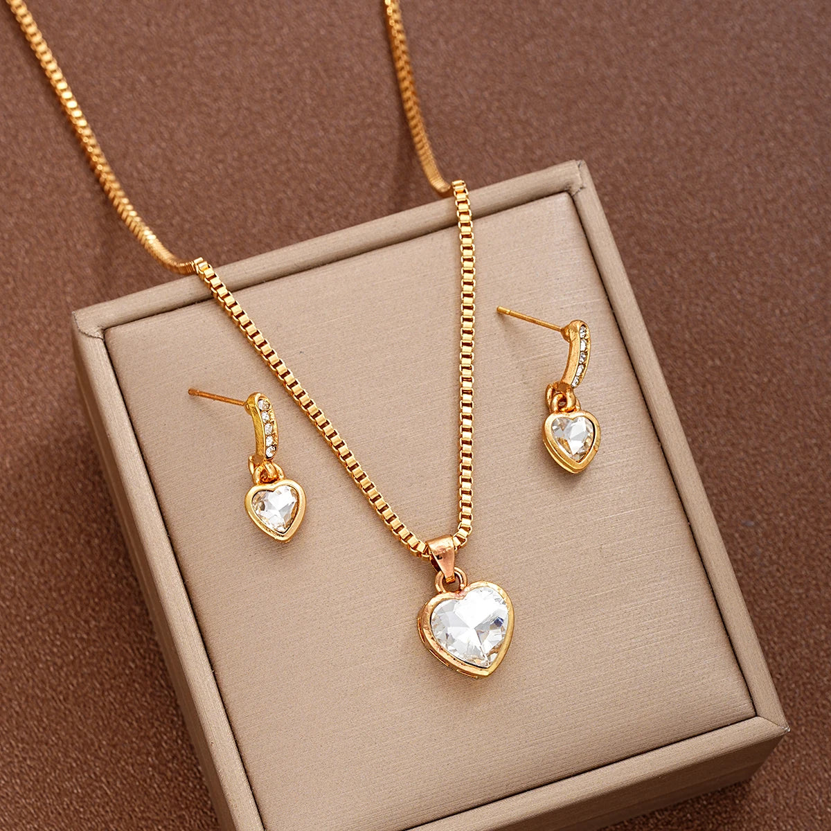 Romantic Double Heart Rhinestone Jewelry Set for Women - Elegant Necklace and Earrings Gift