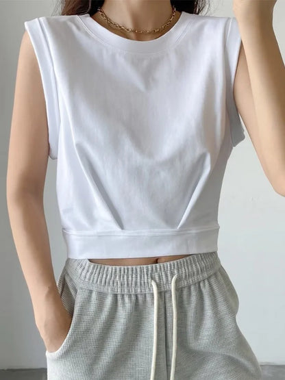 Dozw Women Solid Color Crop Tank Top O Neck Cotton Blend