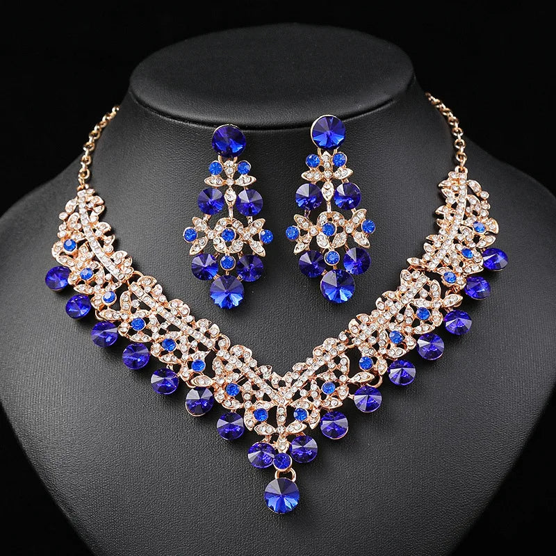 KMVEXO Luxury Crystal Bead Necklace & Earrings Set - Stunning AB Color Jewelry for Weddings & Parties X002 Gold Blue