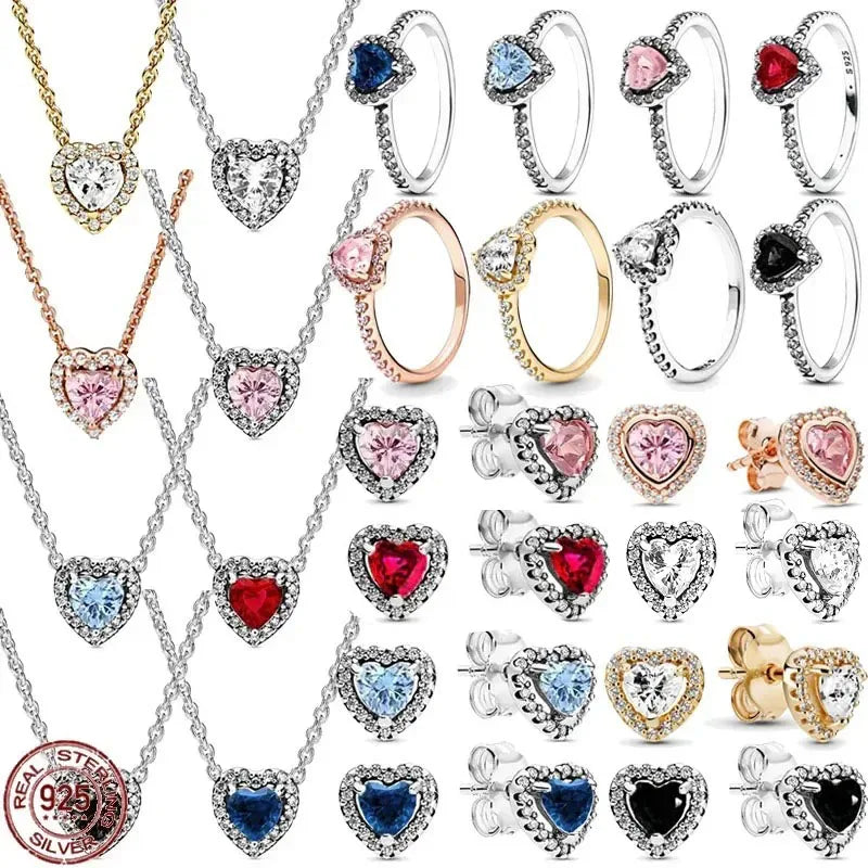 New 925 Sterling Silver Heart Shaped Earrings Rings Necklaces Pink Red Rainbow Luxury Set Sparkling Charm Jewelry Gifts
