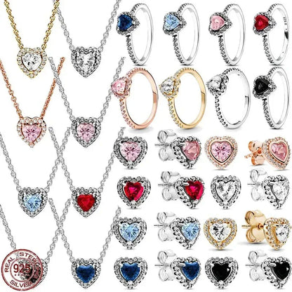 New 925 Sterling Silver Heart Shaped Earrings Rings Necklaces Pink Red Rainbow Luxury Set Sparkling Charm Jewelry Gifts