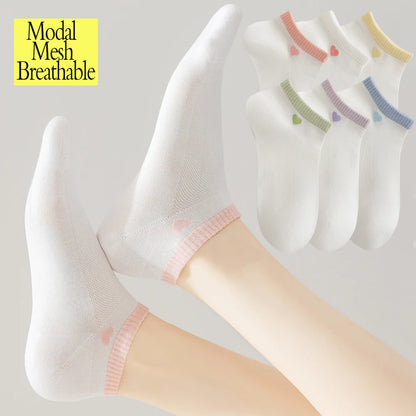 6 Pairs Womens White Heart Modal Ankle Socks Breathable