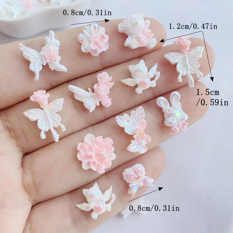 Kawaii 3D Nail Art Resin Charms Set - Bear, Butterfly, Flower, Kitten Series (50 Pieces)