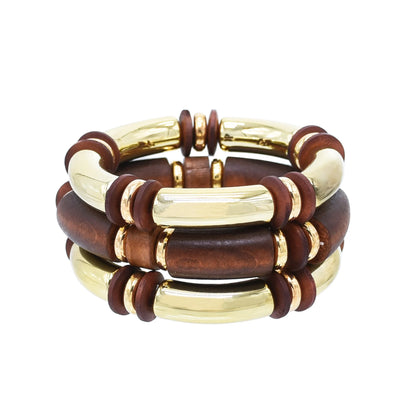 Vintage Brown Wood Multi Layer Necklace And Bracelet Set For Women Gold Plated Fashion Jewelry Gift For Parties