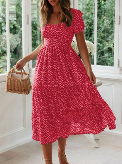 Vintage Floral Maxi Dress Square Collar Puff Sleeve Women