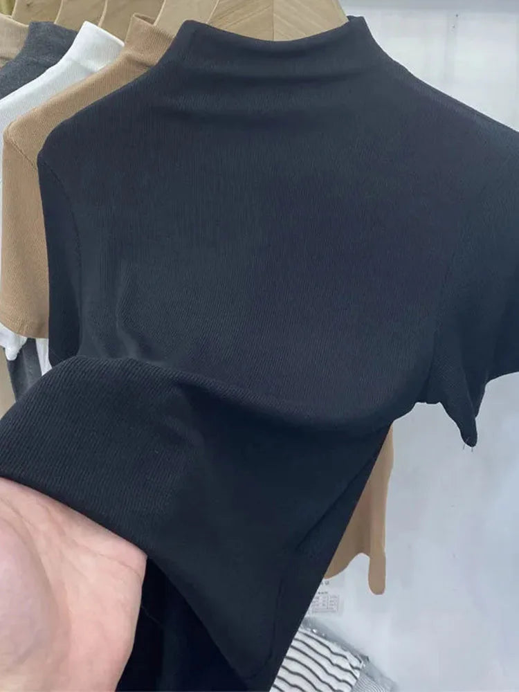 Slim Turtleneck Knit Top For Women Short Sleeves Elastic