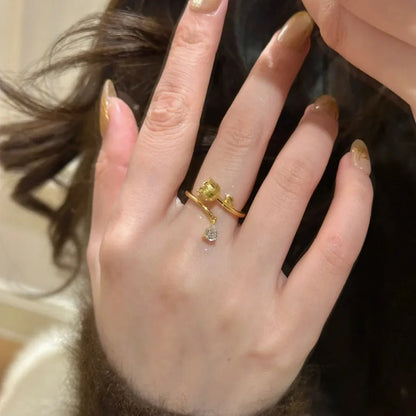 Exquisite Lily of the Valley Gold Adjustable Ring with Zircon Inlay for Women