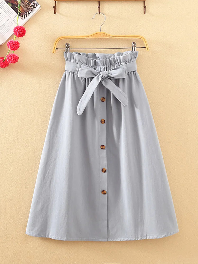 Summer Autumn Midi Pleated High Waist Button Skirt Women
